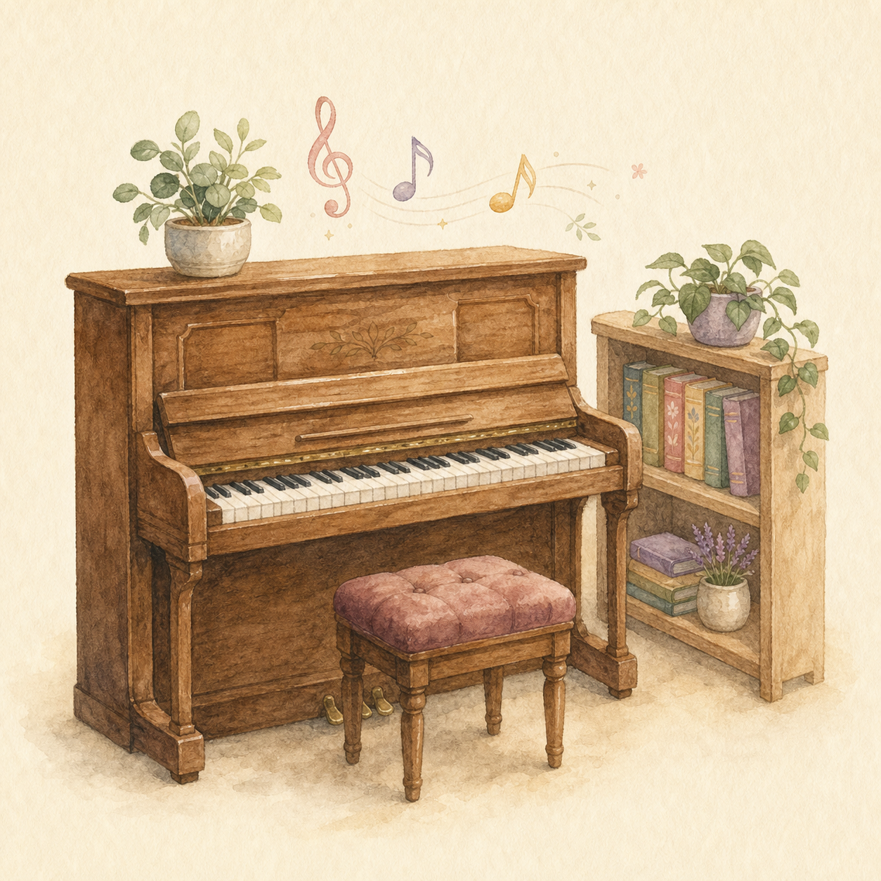 Watercolor of a cozy upright piano and bookshelf with plants and floating notes