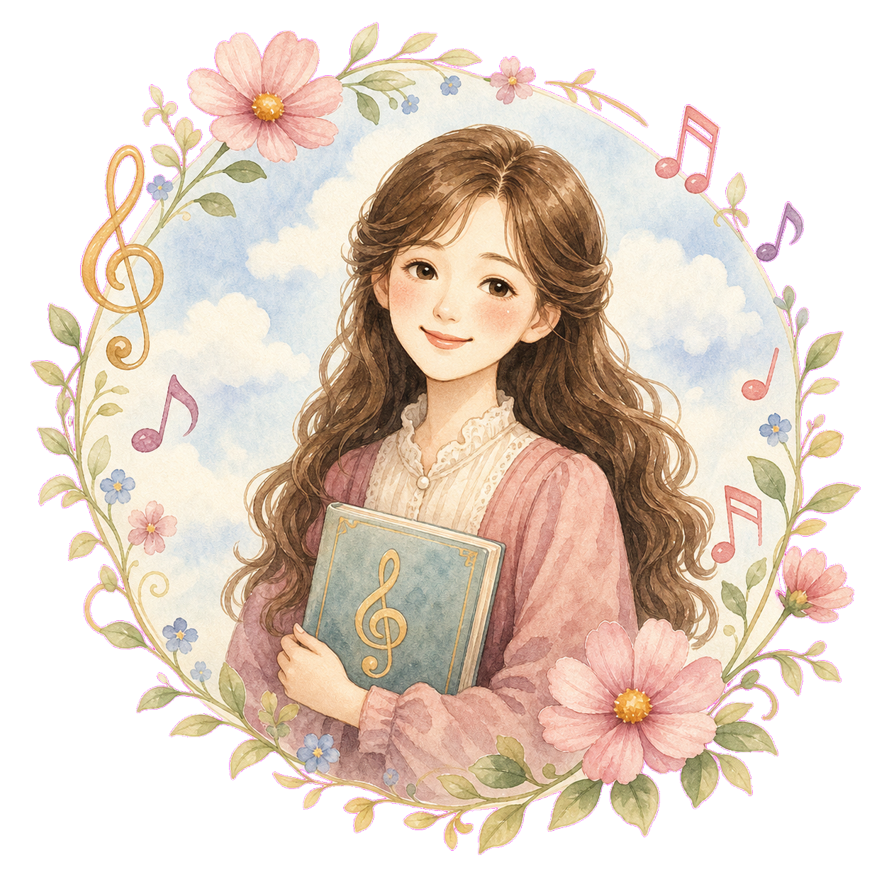 Watercolor portrait of a smiling girl holding a teal songbook, framed by a wreath of flowers and music notes