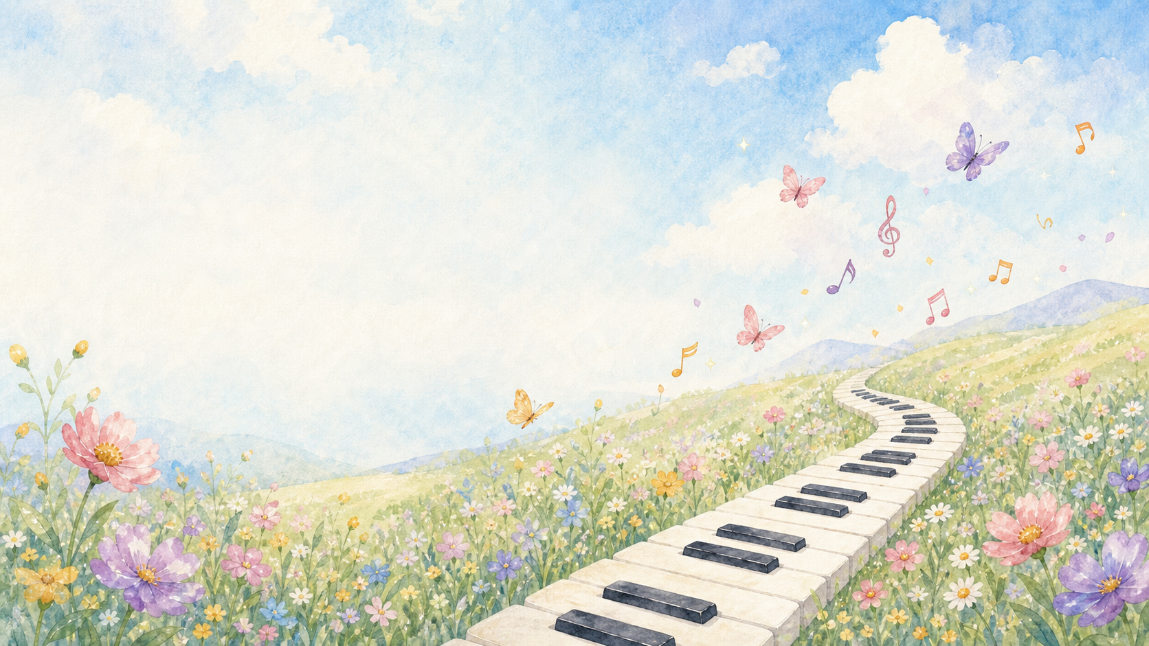 Watercolor meadow with a winding piano-key path, clouds, butterflies and floating music notes