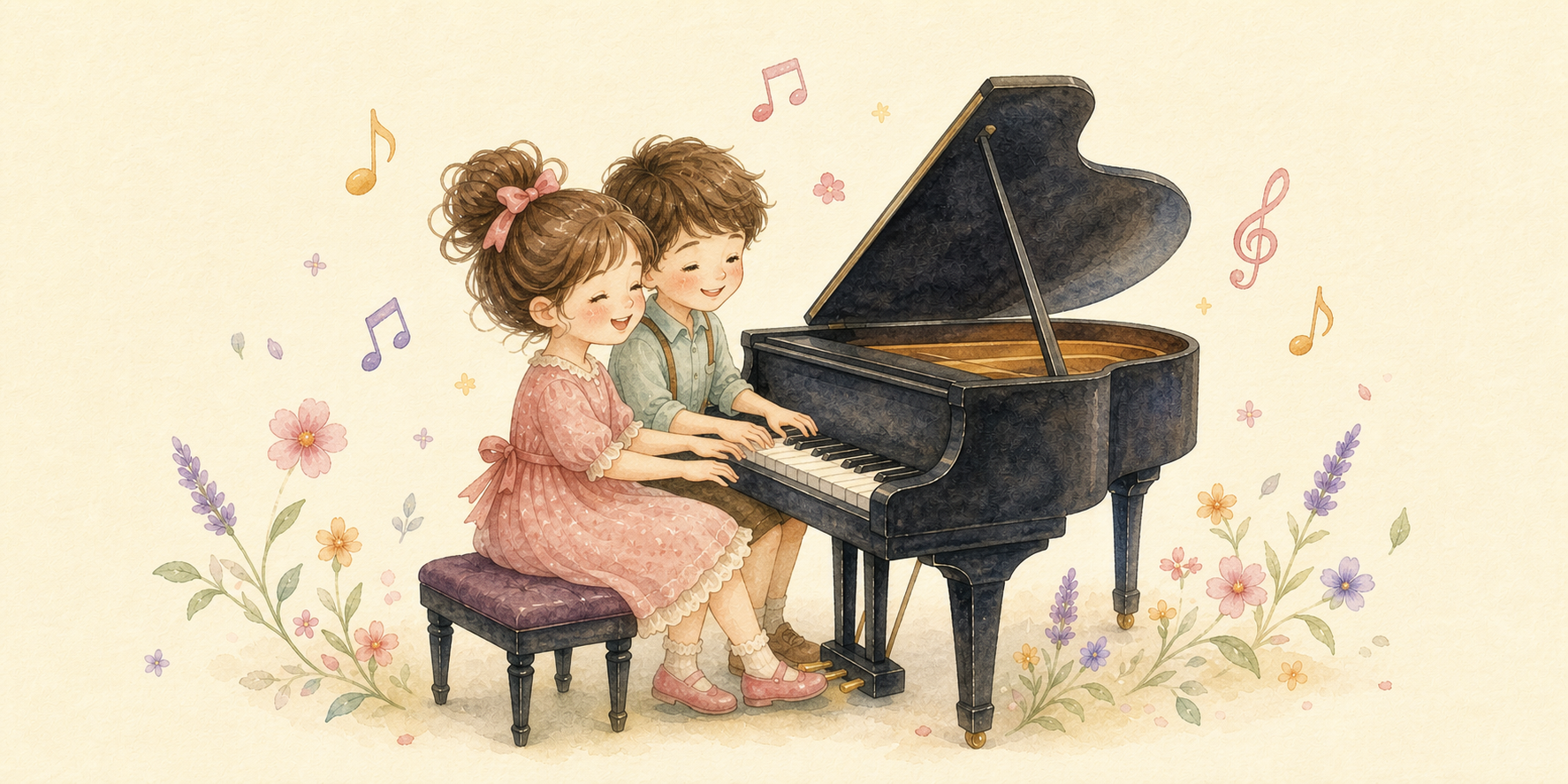 Watercolor of a girl and boy playing a piano duet